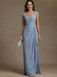 Sheath/Column V-Neck Pleated Lace Appliques Floor-Length Mother of the Bride Dresses with Ribbon
