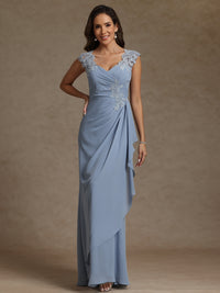 Sheath/Column V-Neck Pleated Lace Appliques Floor-Length Mother of the Bride Dresses with Ribbon