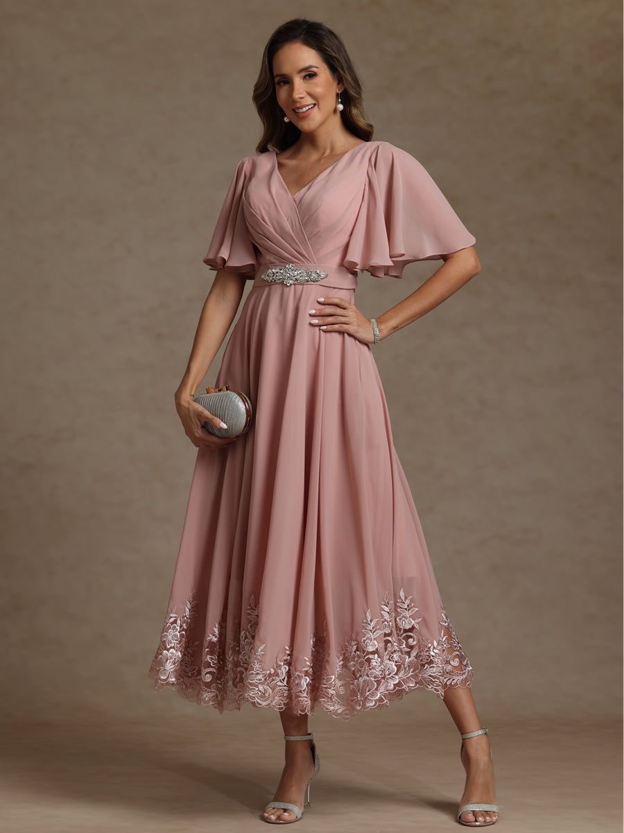 A-Line/Princess V-Neck Lace Appliques Tea-Length Mother of the Bride Dresses with Pleats