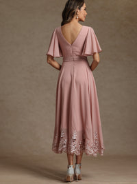 A-Line/Princess V-Neck Lace Appliques Tea-Length Mother of the Bride Dresses with Pleats