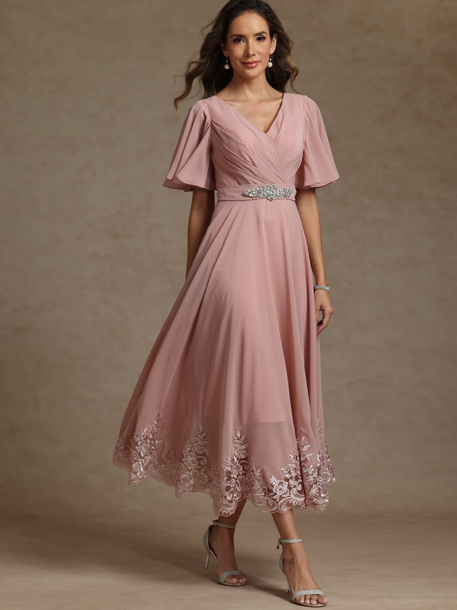 A-Line/Princess V-Neck Lace Appliques Tea-Length Mother of the Bride Dresses with Pleats