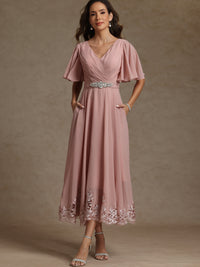 A-Line/Princess V-Neck Lace Appliques Tea-Length Mother of the Bride Dresses with Pleats