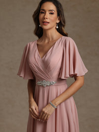 A-Line/Princess V-Neck Lace Appliques Tea-Length Mother of the Bride Dresses with Pleats