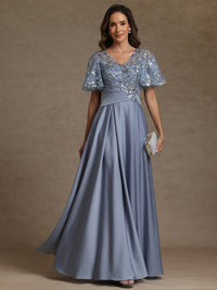 A-Line/Princess V-Neck Illusion Pleated Satin Floor-Length Mother of the Bride Dresses with Sequins