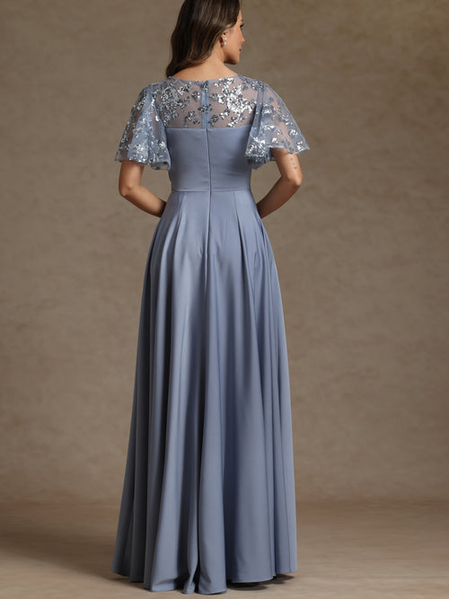 A-Line/Princess V-Neck Illusion Pleated Satin Floor-Length Mother of the Bride Dresses with Sequins