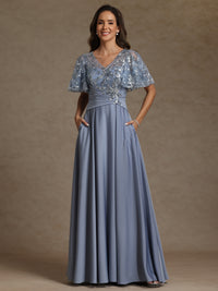 A-Line/Princess V-Neck Illusion Pleated Satin Floor-Length Mother of the Bride Dresses with Sequins