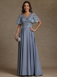 A-Line/Princess V-Neck Illusion Pleated Satin Floor-Length Mother of the Bride Dresses with Sequins