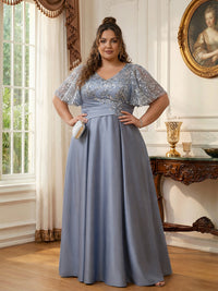 A-Line/Princess V-Neck Illusion Pleated Satin Floor-Length Mother of the Bride Dresses with Sequins