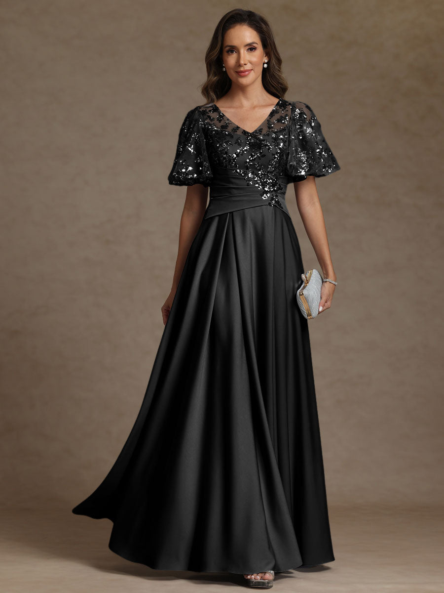 A-Line/Princess V-Neck Illusion Pleated Satin Floor-Length Mother of the Bride Dresses with Sequins