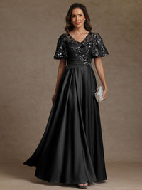 A-Line/Princess V-Neck Illusion Pleated Satin Floor-Length Mother of the Bride Dresses with Sequins