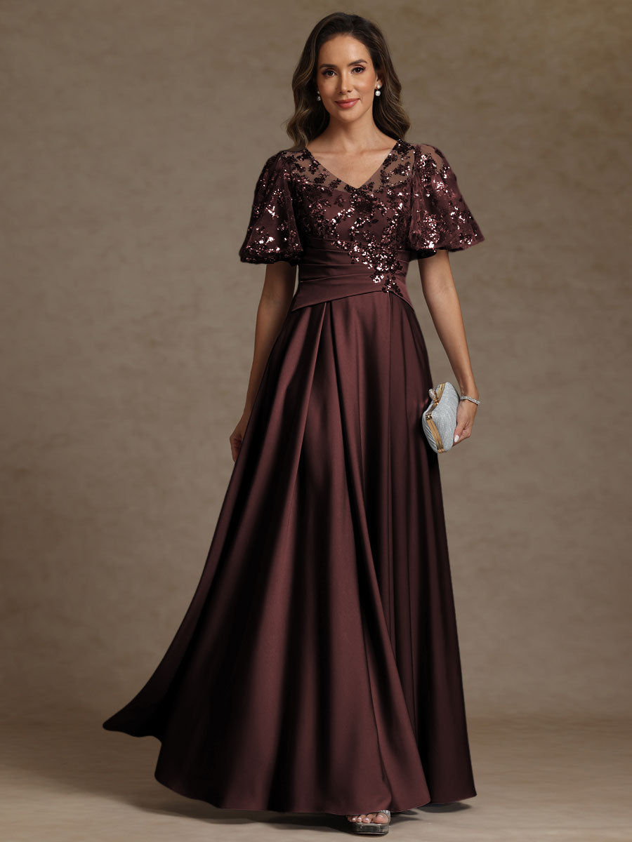 A-Line/Princess V-Neck Illusion Pleated Satin Floor-Length Mother of the Bride Dresses with Sequins