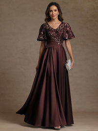A-Line/Princess V-Neck Illusion Pleated Satin Floor-Length Mother of the Bride Dresses with Sequins