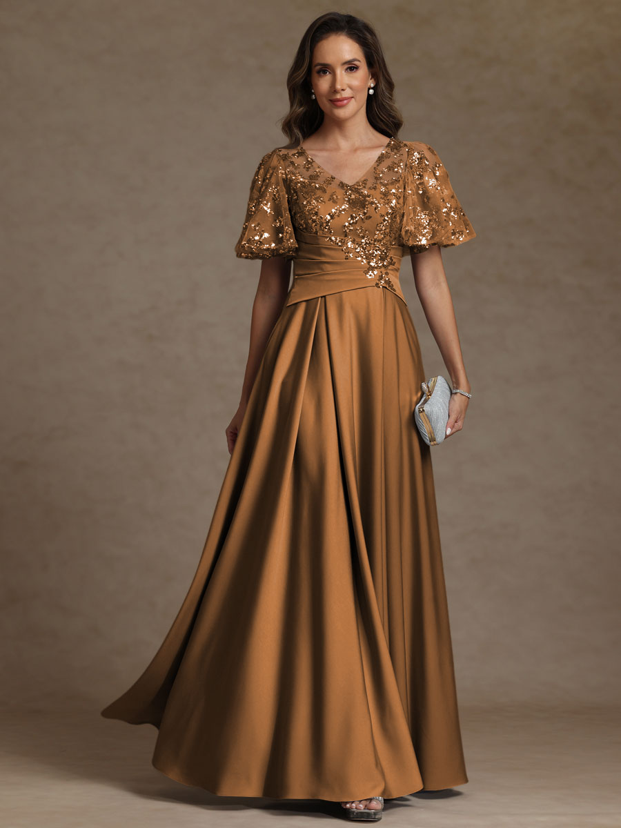 A-Line/Princess V-Neck Illusion Pleated Satin Floor-Length Mother of the Bride Dresses with Sequins