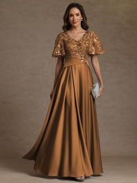 A-Line/Princess V-Neck Illusion Pleated Satin Floor-Length Mother of the Bride Dresses with Sequins