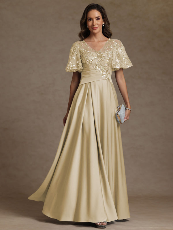 A-Line/Princess V-Neck Illusion Pleated Satin Floor-Length Mother of the Bride Dresses with Sequins
