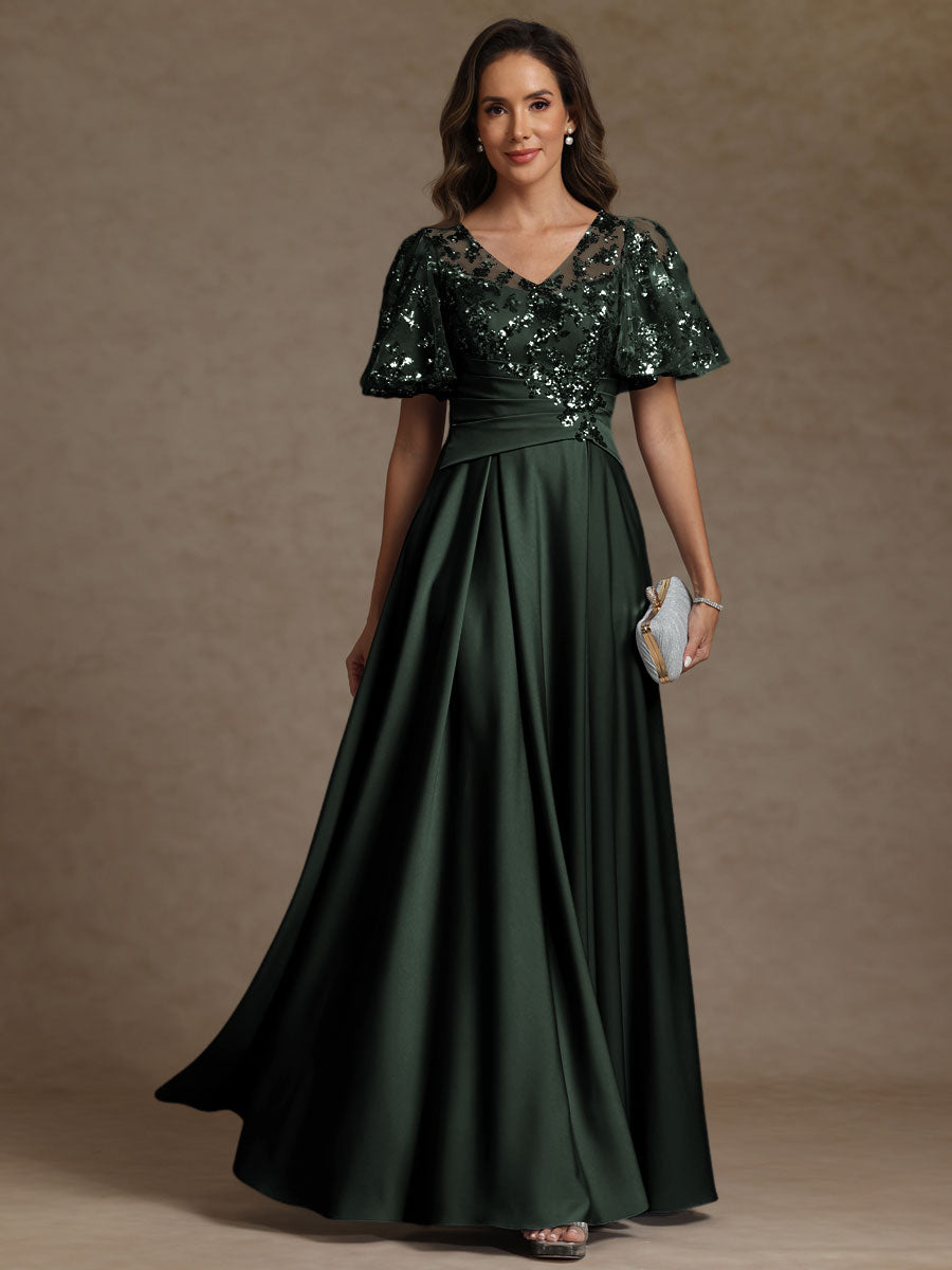 A-Line/Princess V-Neck Illusion Pleated Satin Floor-Length Mother of the Bride Dresses with Sequins