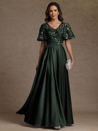 A-Line/Princess V-Neck Illusion Pleated Satin Floor-Length Mother of the Bride Dresses with Sequins