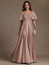 A-Line/Princess V-Neck Illusion Pleated Satin Floor-Length Mother of the Bride Dresses with Sequins