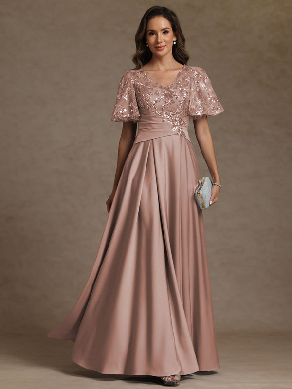 A-Line/Princess V-Neck Illusion Pleated Satin Floor-Length Mother of the Bride Dresses with Sequins