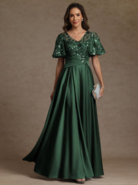 A-Line/Princess V-Neck Illusion Pleated Satin Floor-Length Mother of the Bride Dresses with Sequins