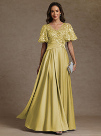 A-Line/Princess V-Neck Illusion Pleated Satin Floor-Length Mother of the Bride Dresses with Sequins
