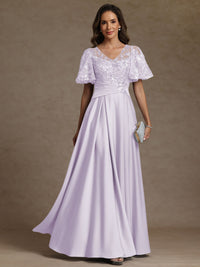 A-Line/Princess V-Neck Illusion Pleated Satin Floor-Length Mother of the Bride Dresses with Sequins