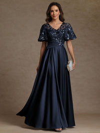 A-Line/Princess V-Neck Illusion Pleated Satin Floor-Length Mother of the Bride Dresses with Sequins