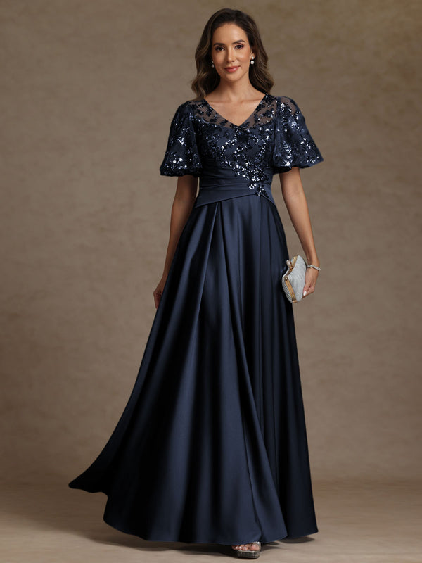 A-Line/Princess V-Neck Illusion Pleated Satin Floor-Length Mother of the Bride Dresses with Sequins