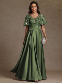 A-Line/Princess V-Neck Illusion Pleated Satin Floor-Length Mother of the Bride Dresses with Sequins