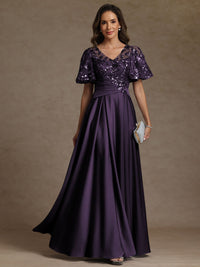 A-Line/Princess V-Neck Illusion Pleated Satin Floor-Length Mother of the Bride Dresses with Sequins
