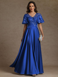 A-Line/Princess V-Neck Illusion Pleated Satin Floor-Length Mother of the Bride Dresses with Sequins