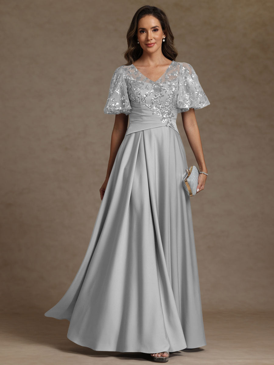 A-Line/Princess V-Neck Illusion Pleated Satin Floor-Length Mother of the Bride Dresses with Sequins