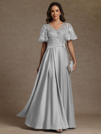 A-Line/Princess V-Neck Illusion Pleated Satin Floor-Length Mother of the Bride Dresses with Sequins