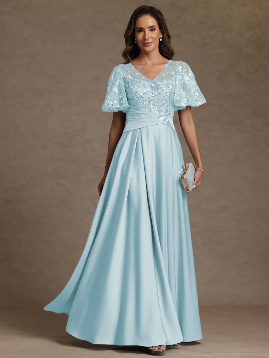A-Line/Princess V-Neck Illusion Pleated Satin Floor-Length Mother of the Bride Dresses with Sequins