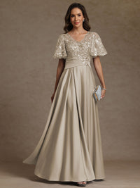 A-Line/Princess V-Neck Illusion Pleated Satin Floor-Length Mother of the Bride Dresses with Sequins