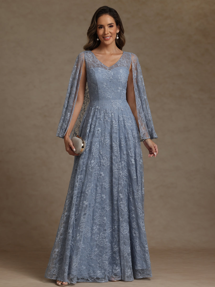 A-Line/Princess V-Neck Illusion Lace Appliques Sequins Floor-Length Mother of the Bride Dresses with Cape