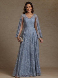 A-Line/Princess V-Neck Illusion Lace Appliques Sequins Floor-Length Mother of the Bride Dresses with Cape