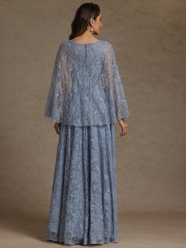 A-Line/Princess V-Neck Illusion Lace Appliques Sequins Floor-Length Mother of the Bride Dresses with Cape