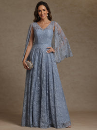 A-Line/Princess V-Neck Illusion Lace Appliques Sequins Floor-Length Mother of the Bride Dresses with Cape
