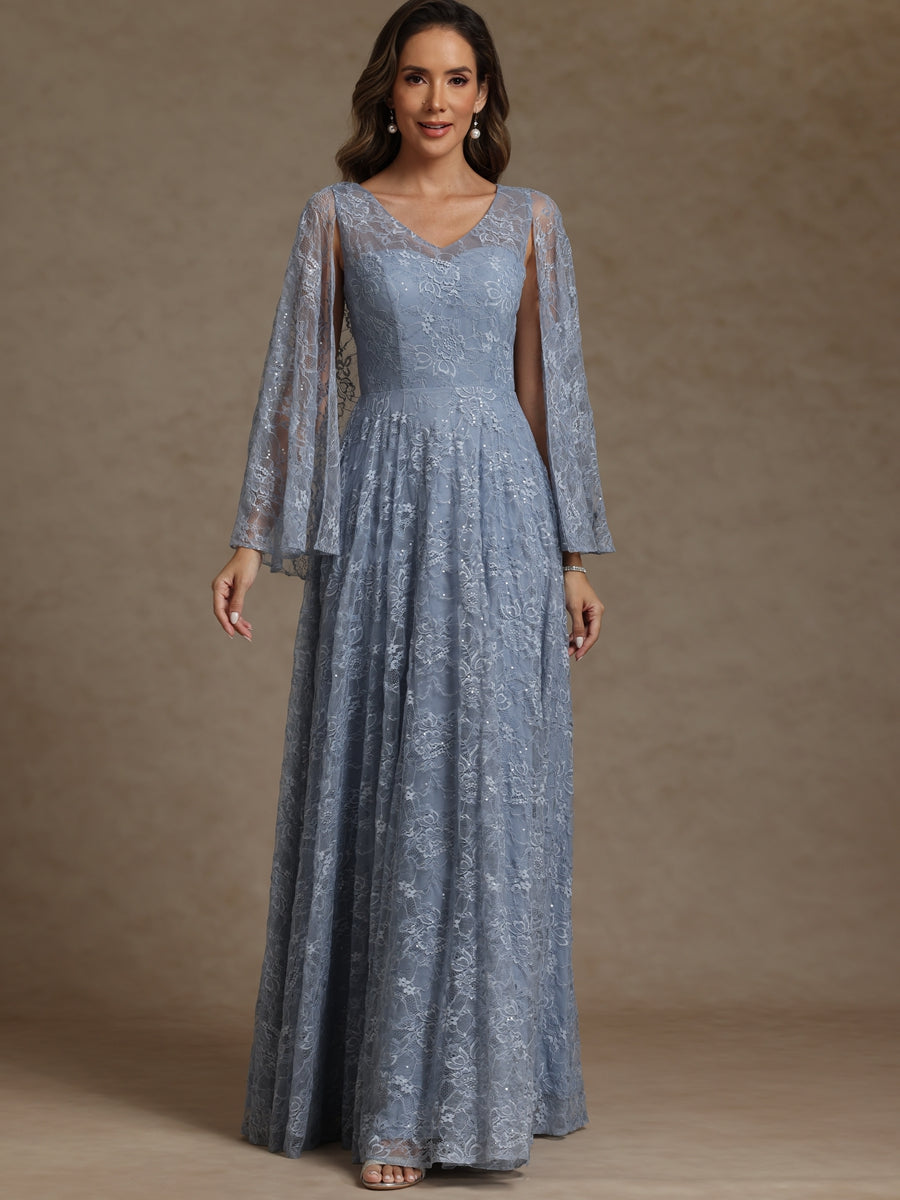 A-Line/Princess V-Neck Illusion Lace Appliques Sequins Floor-Length Mother of the Bride Dresses with Cape