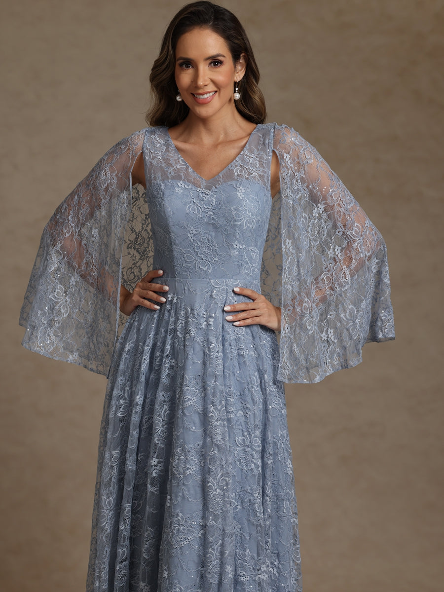 A-Line/Princess V-Neck Illusion Lace Appliques Sequins Floor-Length Mother of the Bride Dresses with Cape