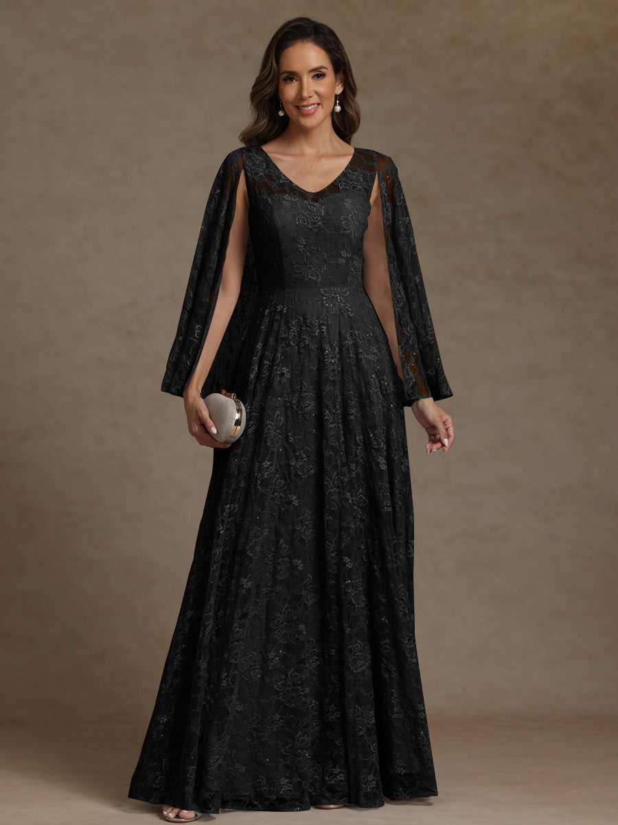 A-Line/Princess V-Neck Illusion Lace Appliques Sequins Floor-Length Mother of the Bride Dresses with Cape