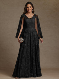 A-Line/Princess V-Neck Illusion Lace Appliques Sequins Floor-Length Mother of the Bride Dresses with Cape