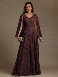 A-Line/Princess V-Neck Illusion Lace Appliques Sequins Floor-Length Mother of the Bride Dresses with Cape
