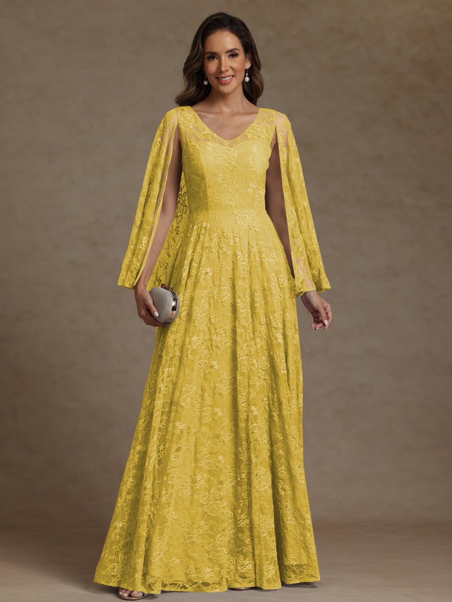 A-Line/Princess V-Neck Illusion Lace Appliques Sequins Floor-Length Mother of the Bride Dresses with Cape