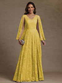 A-Line/Princess V-Neck Illusion Lace Appliques Sequins Floor-Length Mother of the Bride Dresses with Cape
