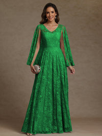 A-Line/Princess V-Neck Illusion Lace Appliques Sequins Floor-Length Mother of the Bride Dresses with Cape