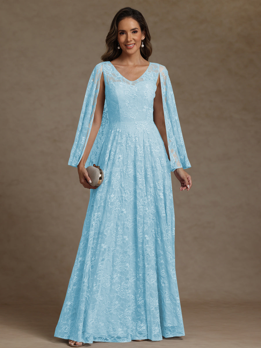 A-Line/Princess V-Neck Illusion Lace Appliques Sequins Floor-Length Mother of the Bride Dresses with Cape