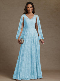 A-Line/Princess V-Neck Illusion Lace Appliques Sequins Floor-Length Mother of the Bride Dresses with Cape