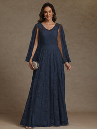 A-Line/Princess V-Neck Illusion Lace Appliques Sequins Floor-Length Mother of the Bride Dresses with Cape